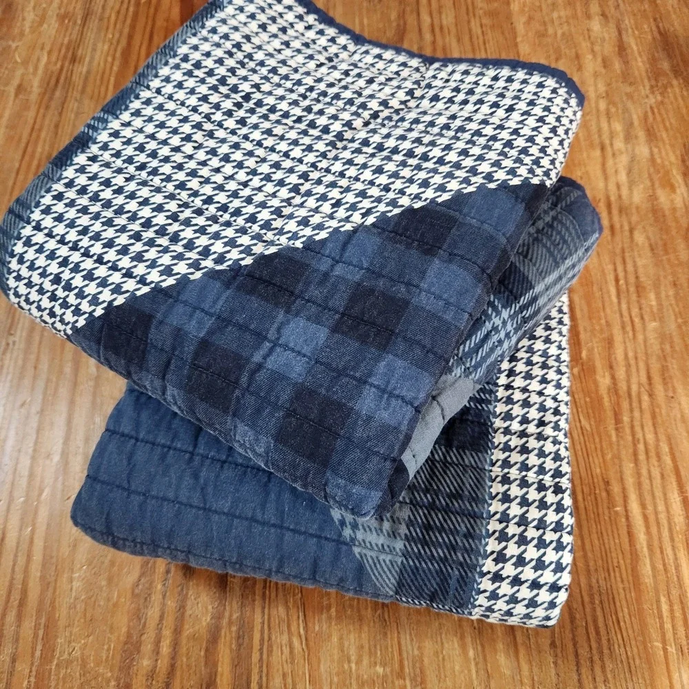 Set Two Blue Plaid Standard Pillow Shams 100% Cotton Quilted Patchwork Farmhouse